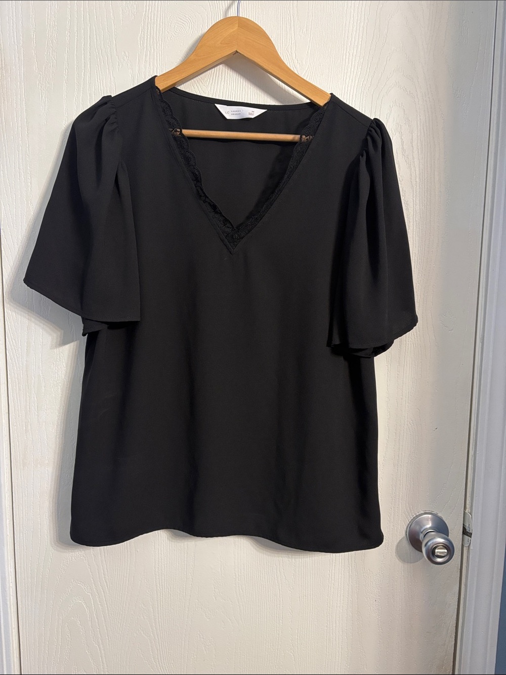 LC Lauren Conrad Black V-Neck Lace Trim Puff Sleeve Top
